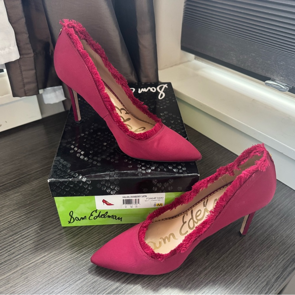 Sam Edelman brand “Halan” cranberry red satin heels